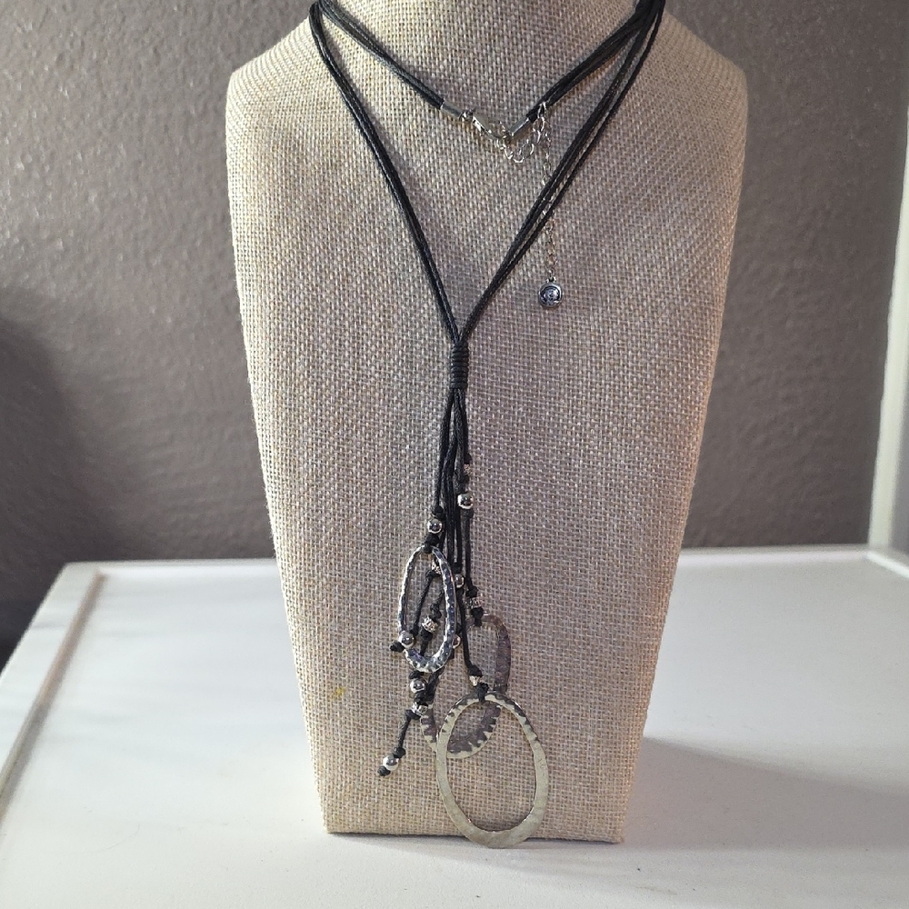 1946 Black Cord and Hammered Silver Women's Necklace